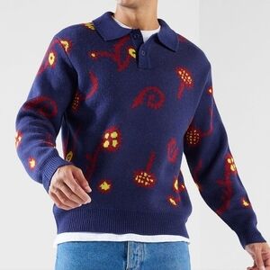 Obey Navy Sweater with Red and Yellow Floral Design